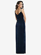 Rear View Thumbnail - Midnight Navy Asymmetrical One-Shoulder Velvet Maxi Slip Dress