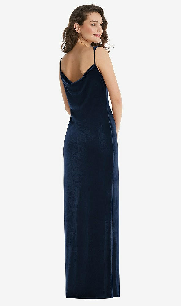 Back View - Midnight Navy Asymmetrical One-Shoulder Velvet Maxi Slip Dress