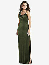 Front View Thumbnail - Olive Green Asymmetrical One-Shoulder Velvet Maxi Slip Dress