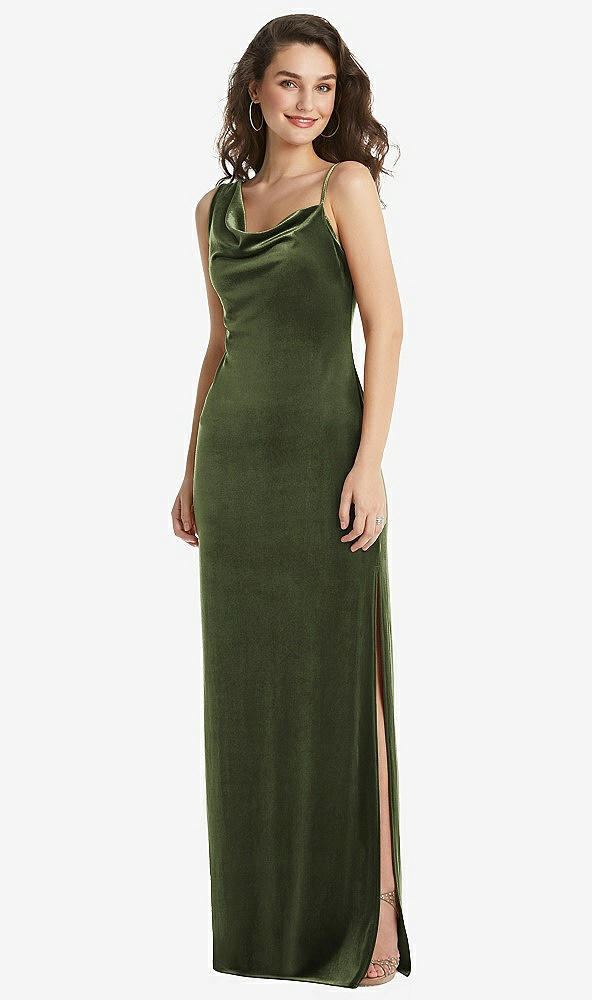 Front View - Olive Green Asymmetrical One-Shoulder Velvet Maxi Slip Dress