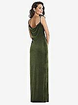 Rear View Thumbnail - Olive Green Asymmetrical One-Shoulder Velvet Maxi Slip Dress