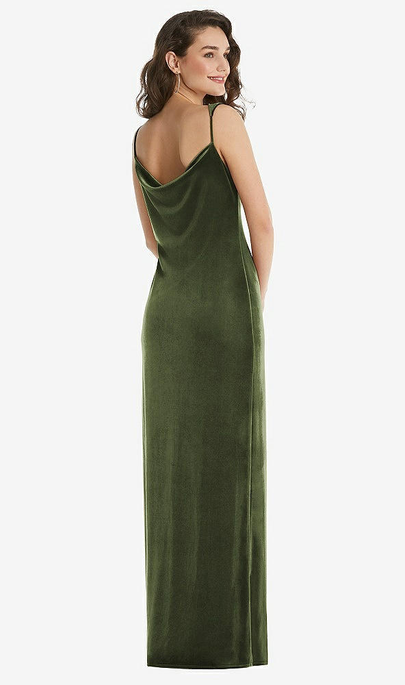 Back View - Olive Green Asymmetrical One-Shoulder Velvet Maxi Slip Dress
