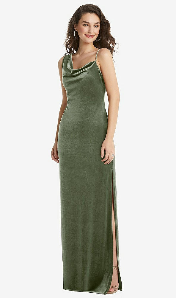 Front View - Sage Asymmetrical One-Shoulder Velvet Maxi Slip Dress