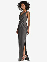 Side View Thumbnail - Caviar Gray Pleated Bodice Satin Maxi Pencil Dress with Bow Detail