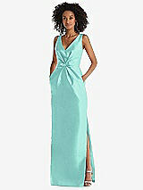 Front View Thumbnail - Coastal Pleated Bodice Satin Maxi Pencil Dress with Bow Detail