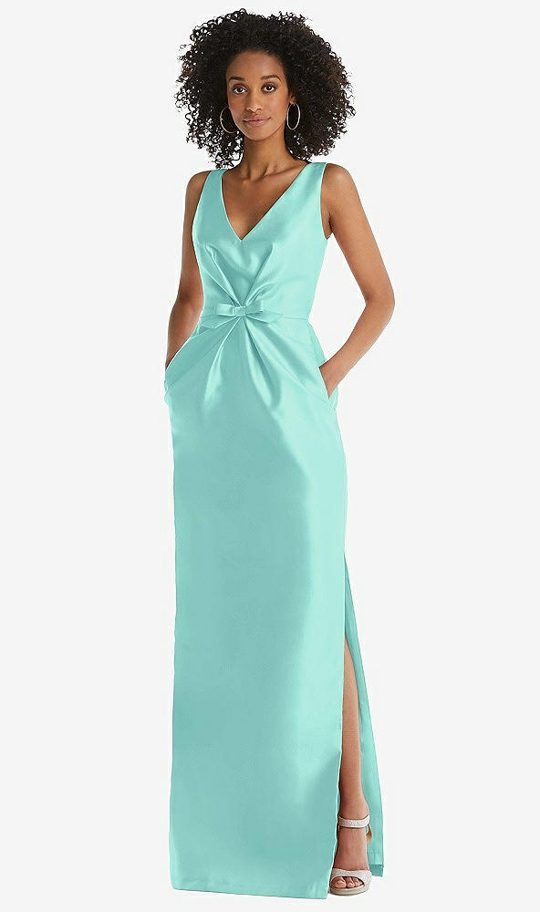 Front View - Coastal Pleated Bodice Satin Maxi Pencil Dress with Bow Detail
