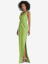 Side View Thumbnail - Mojito Pleated Bodice Satin Maxi Pencil Dress with Bow Detail