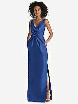 Front View Thumbnail - Classic Blue Pleated Bodice Satin Maxi Pencil Dress with Bow Detail