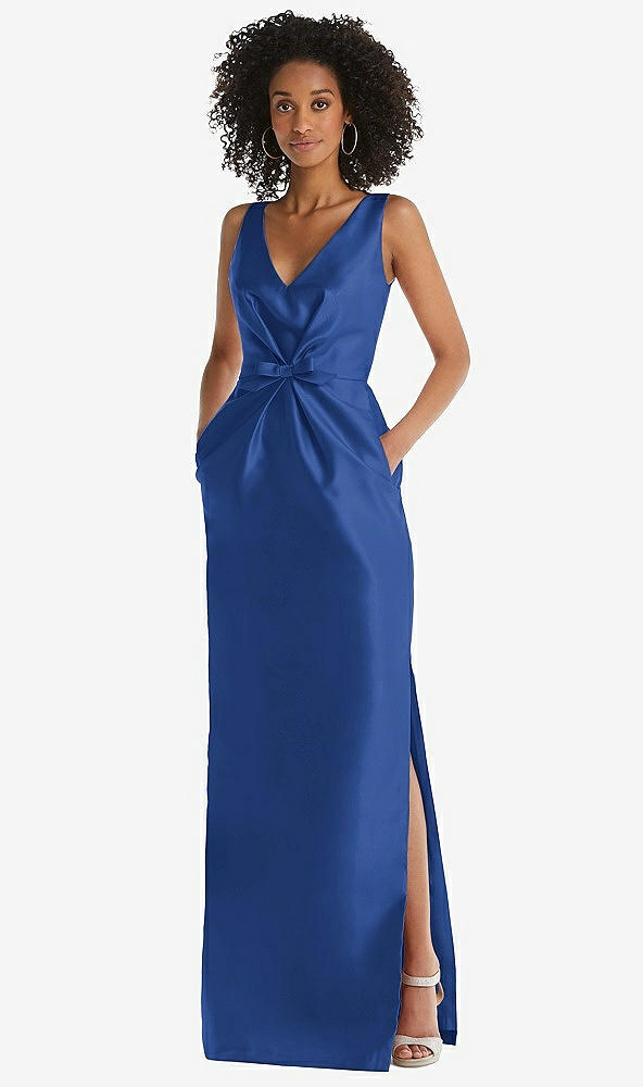 Front View - Classic Blue Pleated Bodice Satin Maxi Pencil Dress with Bow Detail