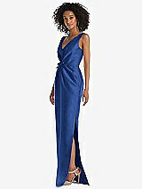 Side View Thumbnail - Classic Blue Pleated Bodice Satin Maxi Pencil Dress with Bow Detail