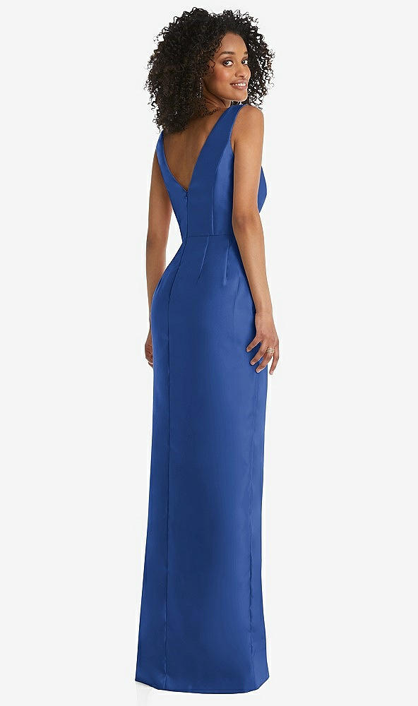 Back View - Classic Blue Pleated Bodice Satin Maxi Pencil Dress with Bow Detail