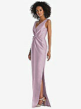 Side View Thumbnail - Suede Rose Pleated Bodice Satin Maxi Pencil Dress with Bow Detail