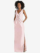 Front View Thumbnail - Ballet Pink Pleated Bodice Satin Maxi Pencil Dress with Bow Detail