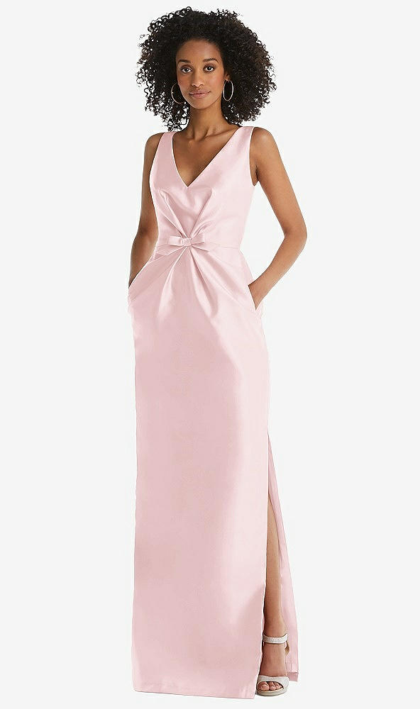 Front View - Ballet Pink Pleated Bodice Satin Maxi Pencil Dress with Bow Detail