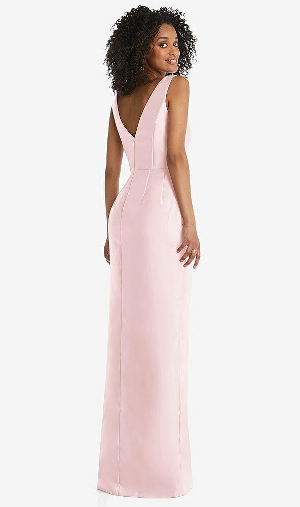 Back View - Ballet Pink Pleated Bodice Satin Maxi Pencil Dress with Bow Detail