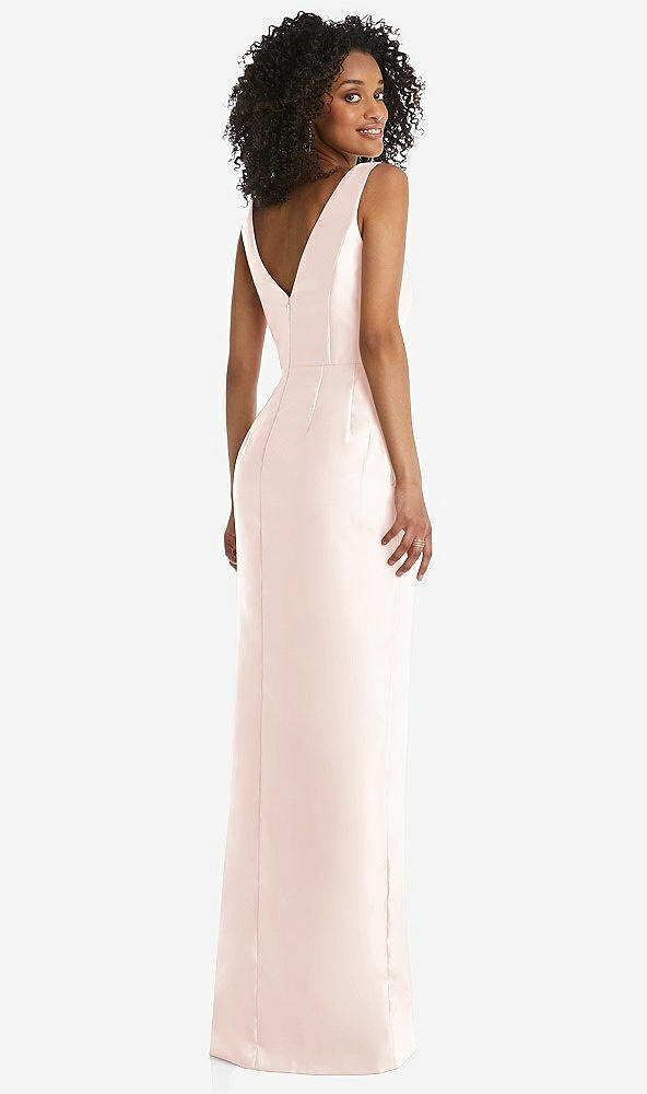 Back View - Blush Pleated Bodice Satin Maxi Pencil Dress with Bow Detail
