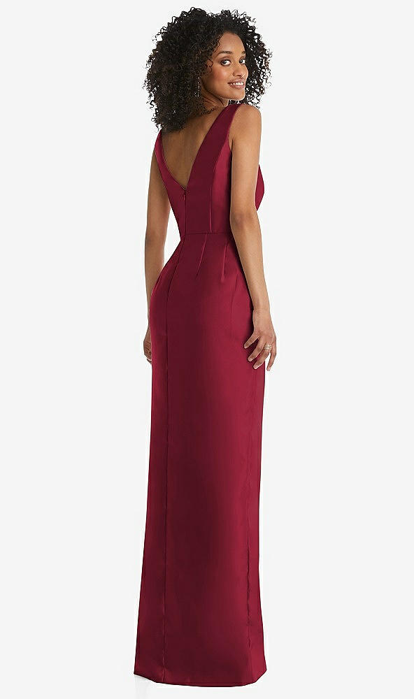 Back View - Burgundy Pleated Bodice Satin Maxi Pencil Dress with Bow Detail