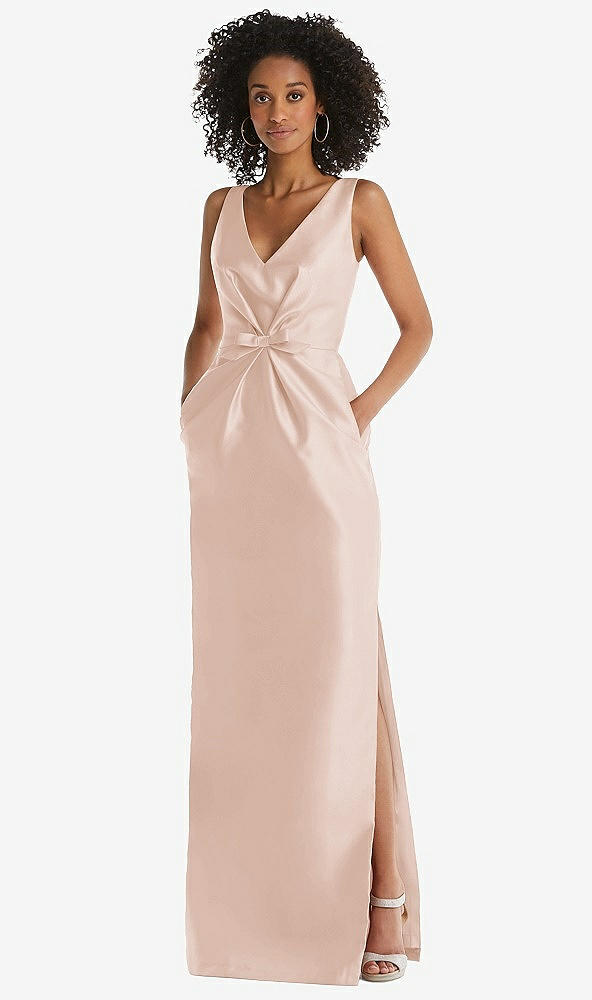 Front View - Cameo Pleated Bodice Satin Maxi Pencil Dress with Bow Detail
