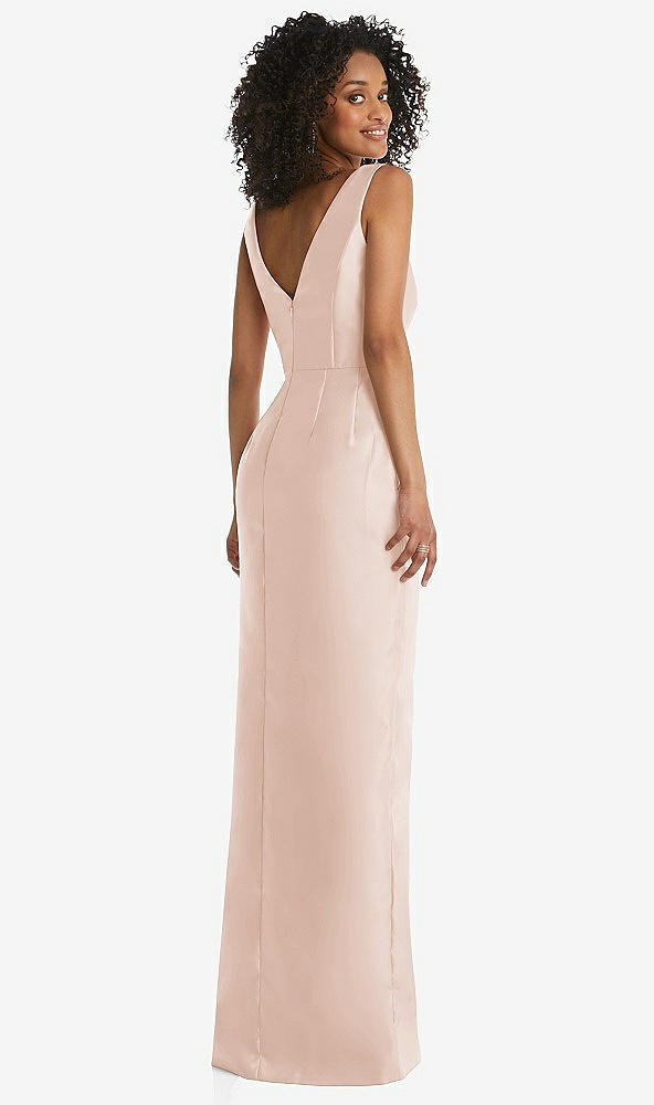 Back View - Cameo Pleated Bodice Satin Maxi Pencil Dress with Bow Detail