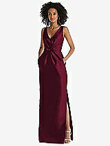Front View Thumbnail - Cabernet Pleated Bodice Satin Maxi Pencil Dress with Bow Detail