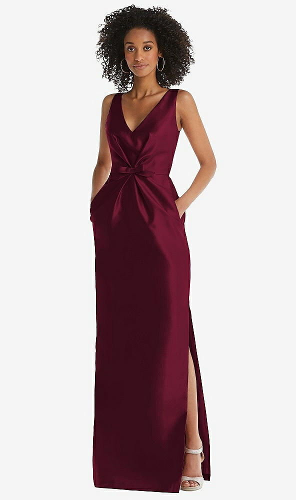 Front View - Cabernet Pleated Bodice Satin Maxi Pencil Dress with Bow Detail