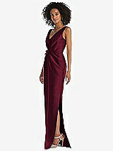 Side View Thumbnail - Cabernet Pleated Bodice Satin Maxi Pencil Dress with Bow Detail