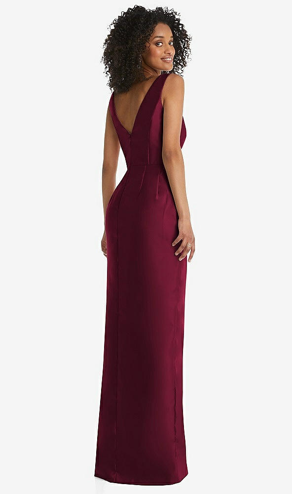Back View - Cabernet Pleated Bodice Satin Maxi Pencil Dress with Bow Detail