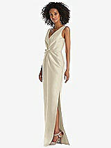 Side View Thumbnail - Champagne Pleated Bodice Satin Maxi Pencil Dress with Bow Detail