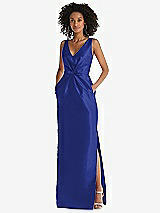 Front View Thumbnail - Cobalt Blue Pleated Bodice Satin Maxi Pencil Dress with Bow Detail
