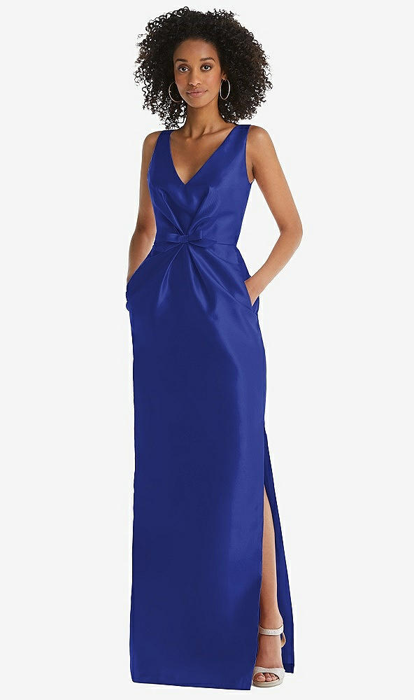 Front View - Cobalt Blue Pleated Bodice Satin Maxi Pencil Dress with Bow Detail