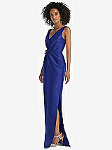 Side View Thumbnail - Cobalt Blue Pleated Bodice Satin Maxi Pencil Dress with Bow Detail