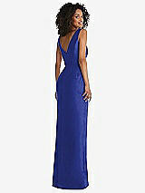 Rear View Thumbnail - Cobalt Blue Pleated Bodice Satin Maxi Pencil Dress with Bow Detail
