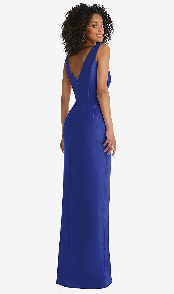 Back View - Cobalt Blue Pleated Bodice Satin Maxi Pencil Dress with Bow Detail