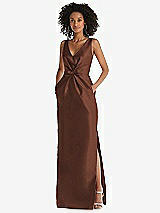 Front View Thumbnail - Cognac Pleated Bodice Satin Maxi Pencil Dress with Bow Detail