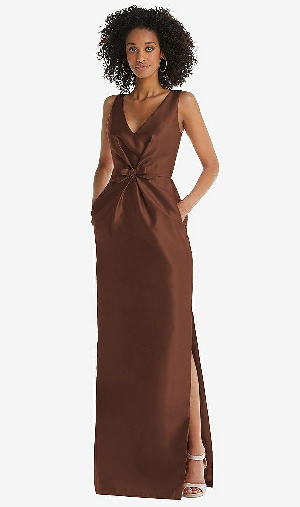 Front View - Cognac Pleated Bodice Satin Maxi Pencil Dress with Bow Detail