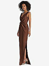 Side View Thumbnail - Cognac Pleated Bodice Satin Maxi Pencil Dress with Bow Detail
