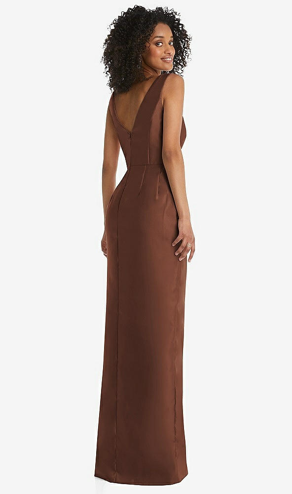 Back View - Cognac Pleated Bodice Satin Maxi Pencil Dress with Bow Detail