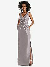 Front View Thumbnail - Cashmere Gray Pleated Bodice Satin Maxi Pencil Dress with Bow Detail