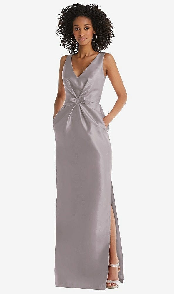 Front View - Cashmere Gray Pleated Bodice Satin Maxi Pencil Dress with Bow Detail