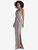 Side View Thumbnail - Cashmere Gray Pleated Bodice Satin Maxi Pencil Dress with Bow Detail