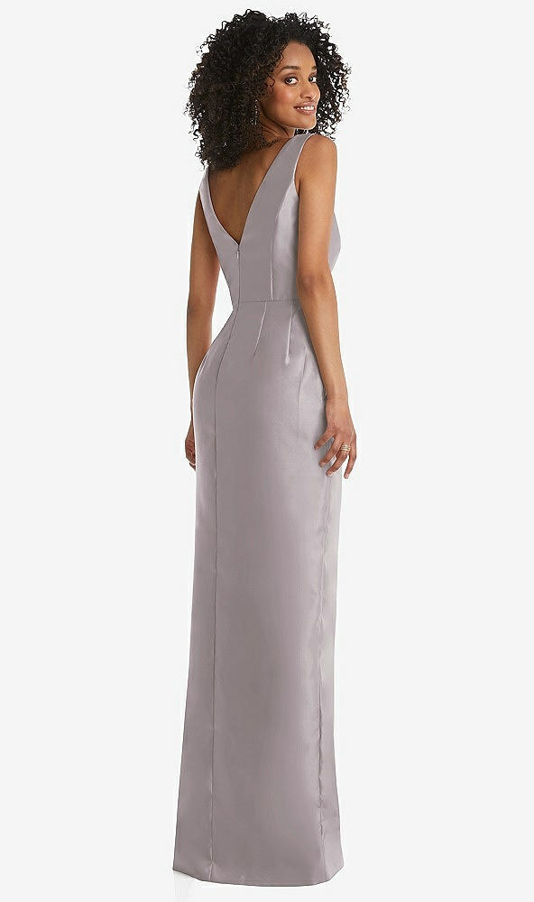 Back View - Cashmere Gray Pleated Bodice Satin Maxi Pencil Dress with Bow Detail