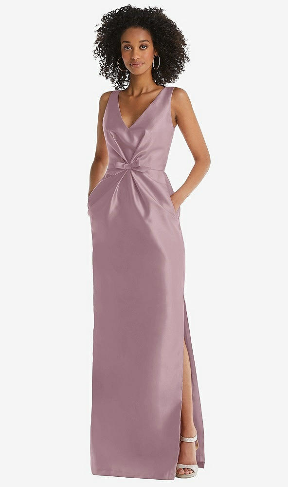 Front View - Dusty Rose Pleated Bodice Satin Maxi Pencil Dress with Bow Detail