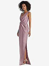 Side View Thumbnail - Dusty Rose Pleated Bodice Satin Maxi Pencil Dress with Bow Detail