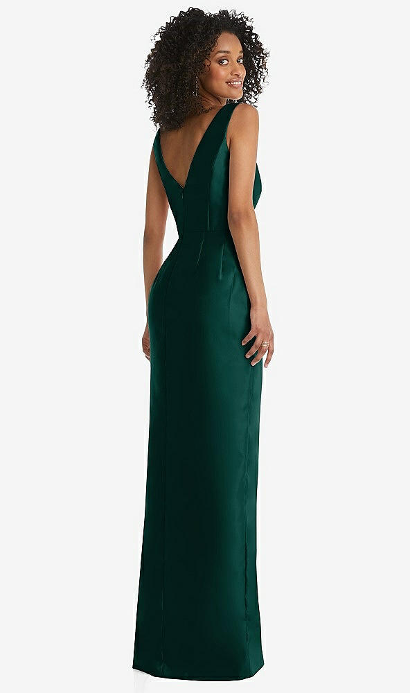 Back View - Evergreen Pleated Bodice Satin Maxi Pencil Dress with Bow Detail
