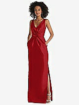 Front View Thumbnail - Garnet Pleated Bodice Satin Maxi Pencil Dress with Bow Detail