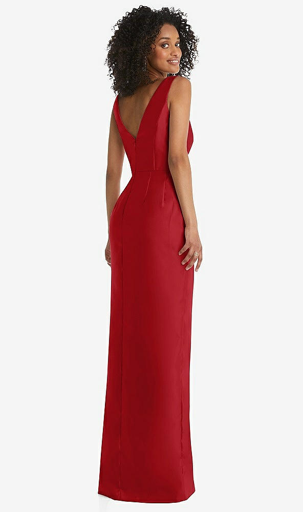 Back View - Garnet Pleated Bodice Satin Maxi Pencil Dress with Bow Detail