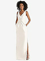 Front View Thumbnail - Ivory Pleated Bodice Satin Maxi Pencil Dress with Bow Detail