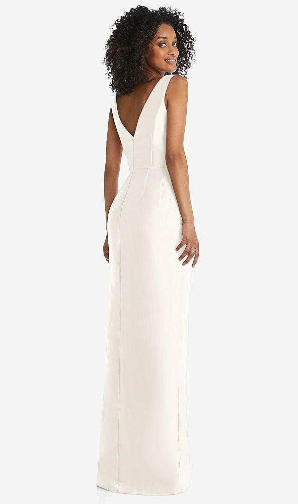 Back View - Ivory Pleated Bodice Satin Maxi Pencil Dress with Bow Detail