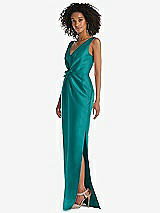 Side View Thumbnail - Jade Pleated Bodice Satin Maxi Pencil Dress with Bow Detail