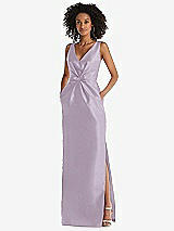 Front View Thumbnail - Lilac Haze Pleated Bodice Satin Maxi Pencil Dress with Bow Detail